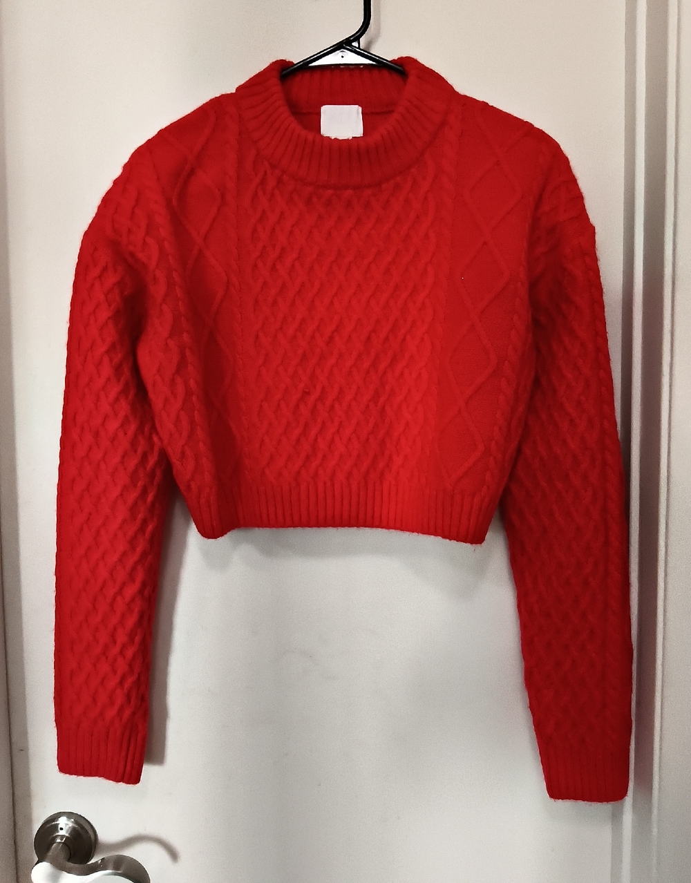 H&M Bright Red Cable-Knit Cropped Crewneck Sweater XS